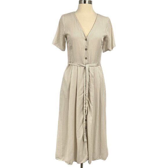 VETTA Dresses & Skirts - Vetta The Button Up Midi Dress Taupe Stripe Short Sleeve Buttoned Size XS Belted